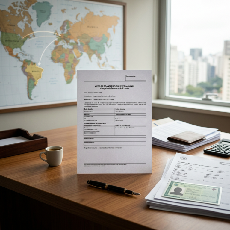 International funds transfer form displayed with identification documents on a desk